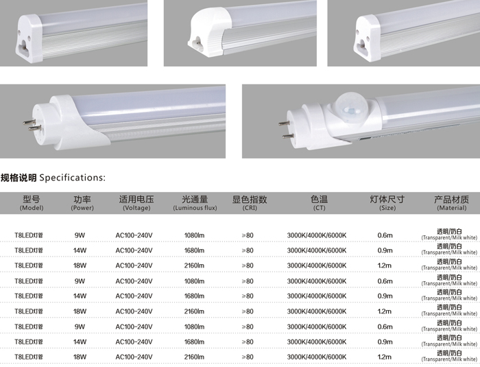 T8LED燈管規(guī)格說明